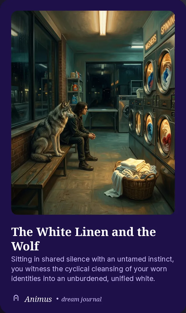 Animus painting of a dream: a young man and a wolf sitting side by side on a bench in a night laundromat, under the title The White Linen and the Wolf