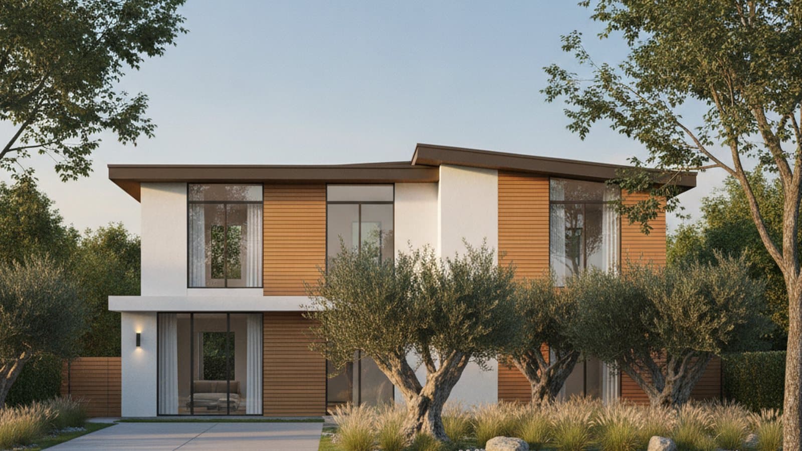 Concept study: a contemporary two-storey home on a sunny Silicon Valley street, wood-slat and stucco facade with olive trees and drought-tolerant planting