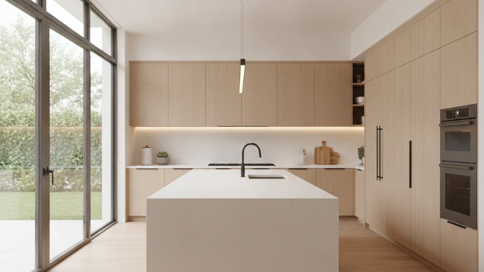 Concept study: a modern kitchen interior with a waterfall-edge island in white quartz, pale oak cabinetry and full-height glass onto a garden