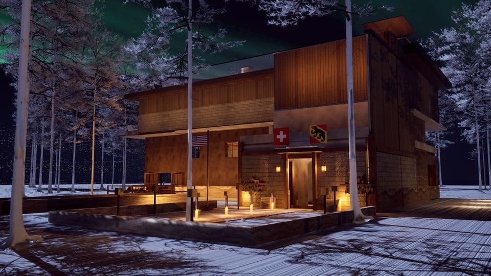 The chalet at night from the front path, lanterns lit along the entry and an aurora over the treeline