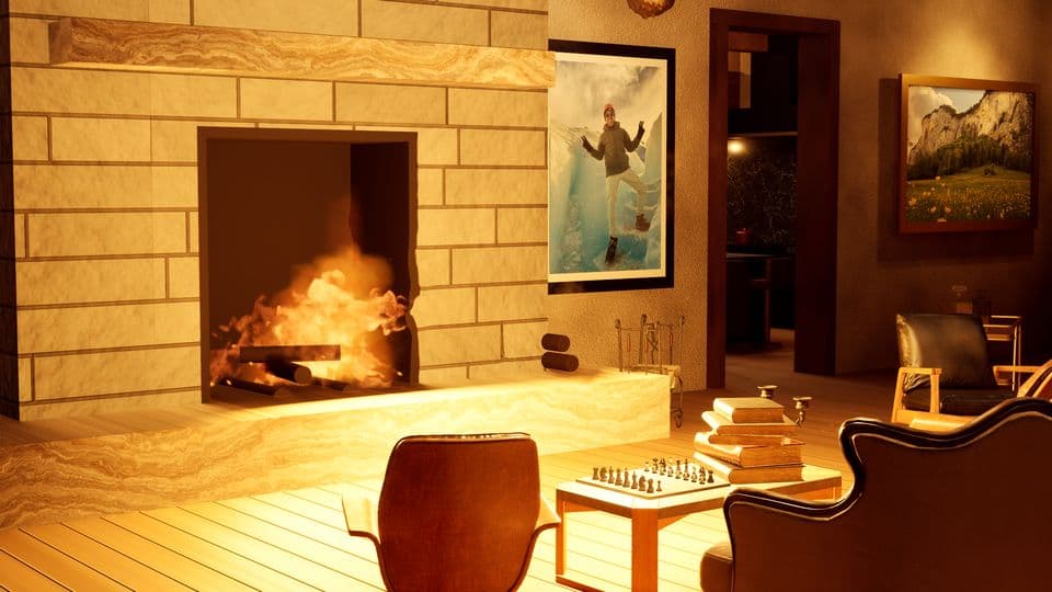 Firelight on the great room hearth with a chess set mid-game