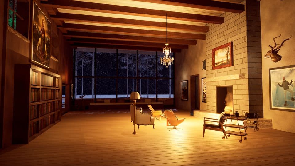 The great room under its chandelier, glass wall onto the snow