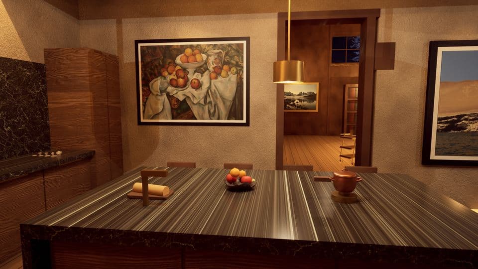The kitchen island in marble and walnut