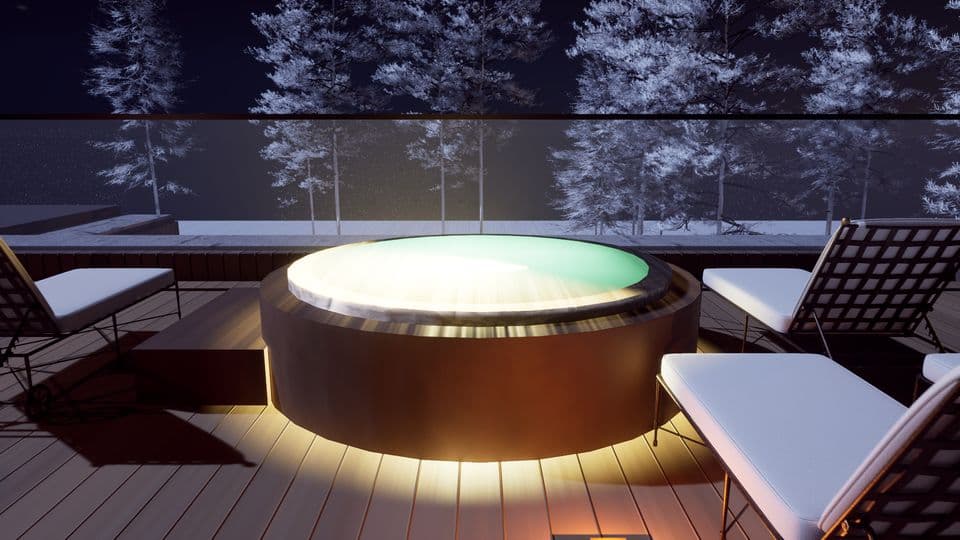 The roof spa, water lit against the winter sky