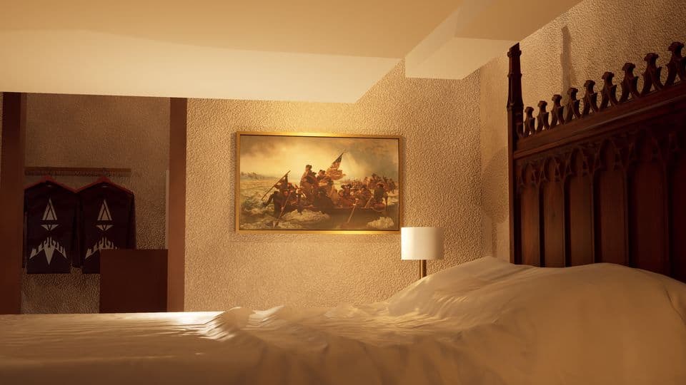 The master bed beneath a framed painting
