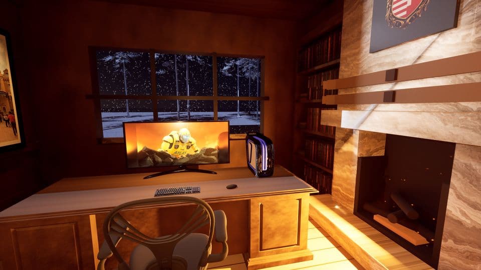 The study desk and fireplace, snow falling past the window