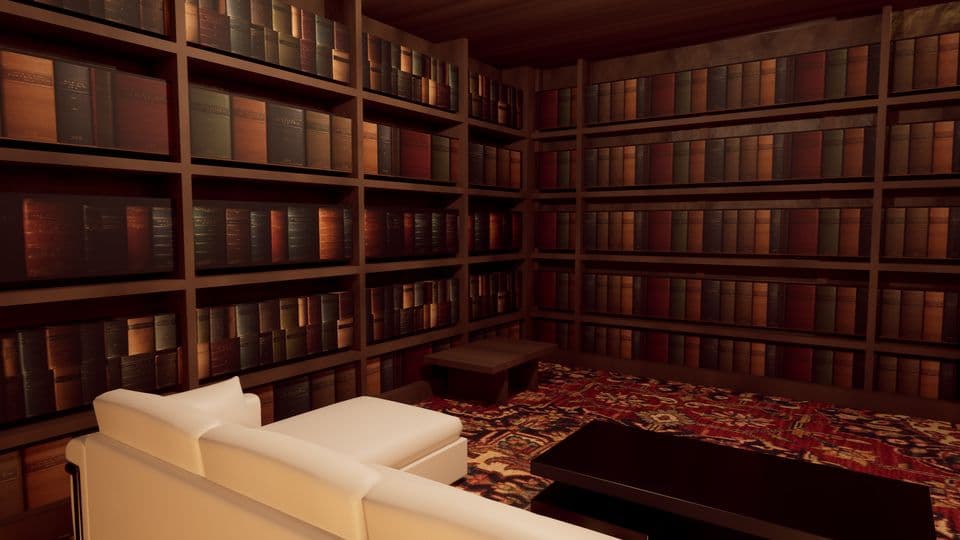 The library, shelves to the ceiling above a patterned rug