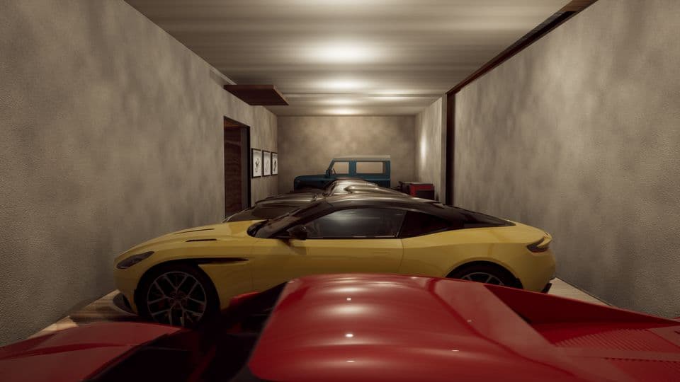 The garage, cars lined up under the ceiling lights